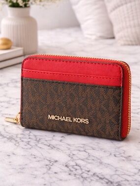 Michael Kors Jet Set Red Brown Wallet MK Logo Travel Wallet